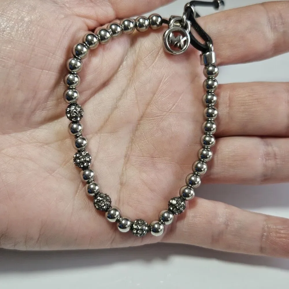 Michael Kors Slider Bracelet | Silver and Rhinestone Beaded Adjustable